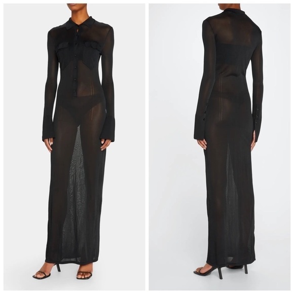 AYA MUSE Amur Mesh Button-Front Collared Maxi Dress Black - Picture 1 of 13